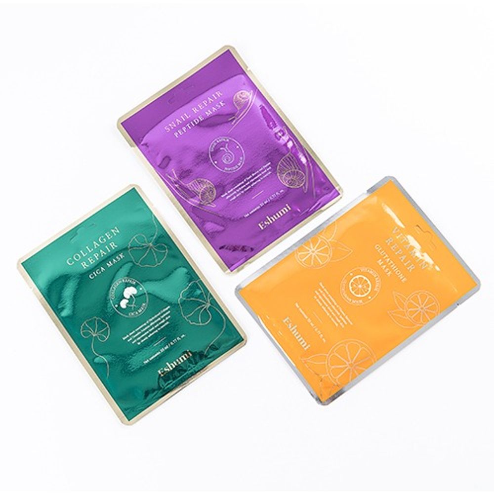 [ESHUMI] Repair Mask Pack 30 sheets – Collagen, Snail Peptide & Multivitamin Boost, 23ml Ampoule, Cica Soothing, Brightening, and Firming Care - Made in Korea